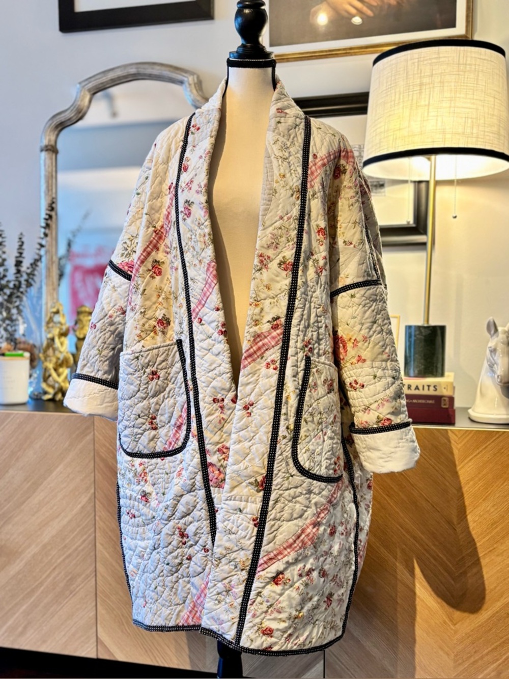 💗SOLD💗 HANDMADE Quilted Floral and Patchwork Long Coat in Cream and Pink O/S - Picture 13 of 16